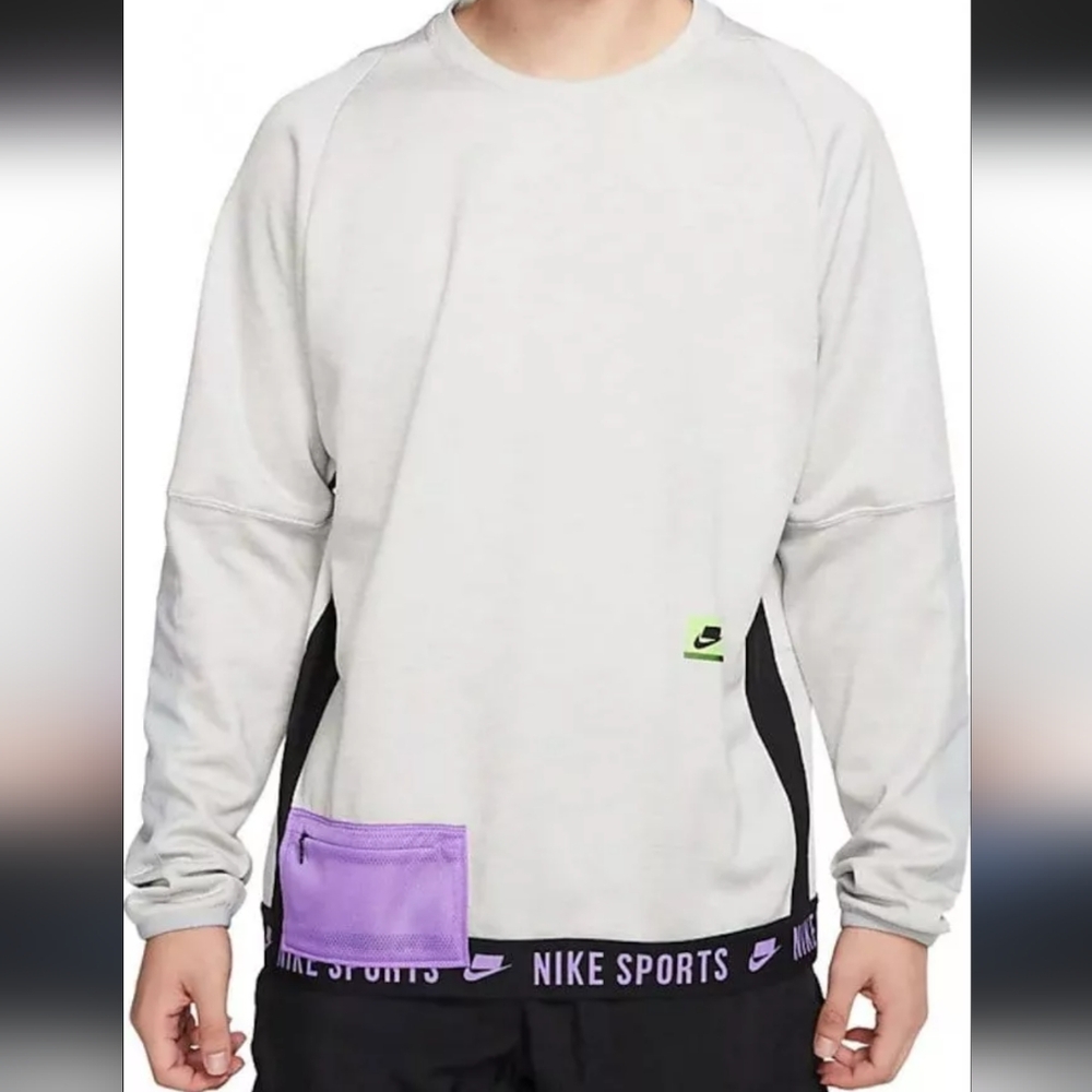Nike Gray Colorblock Thrma Crew Sweater with Purple Accents Sz L